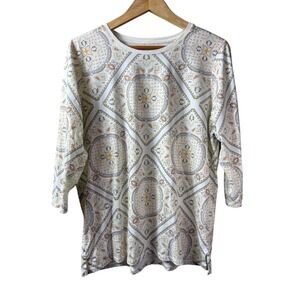 Lands' End Womens Large 3/4 Sleeve Medallion Print Crew Neck Top White Yellow
